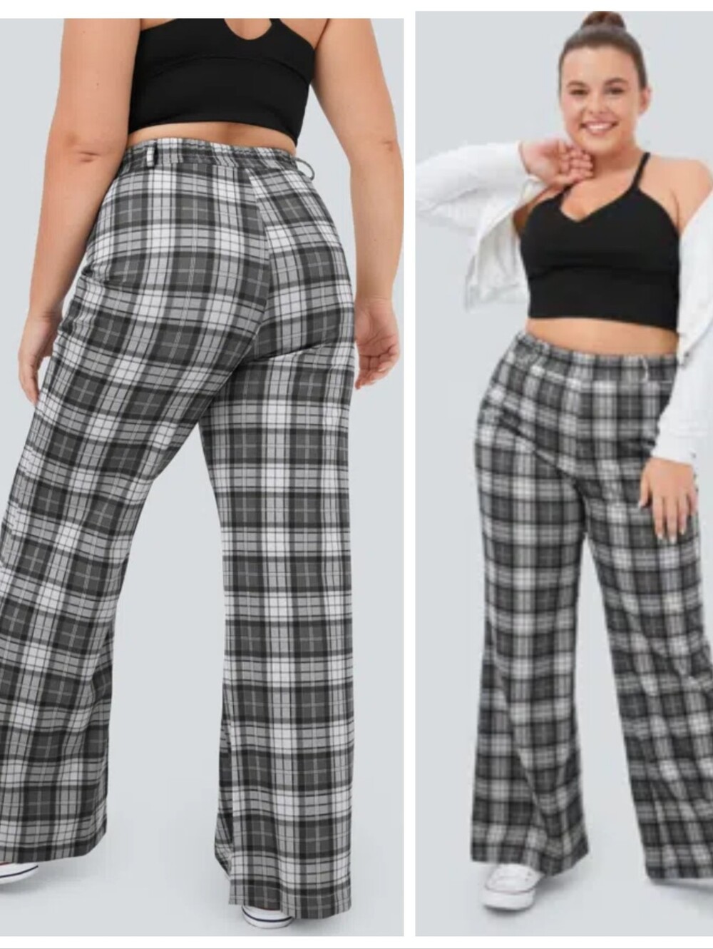 NWT HALARA High Waisted Plaid Wide Leg Casual Pants Black & Gray Women's XL NEW!